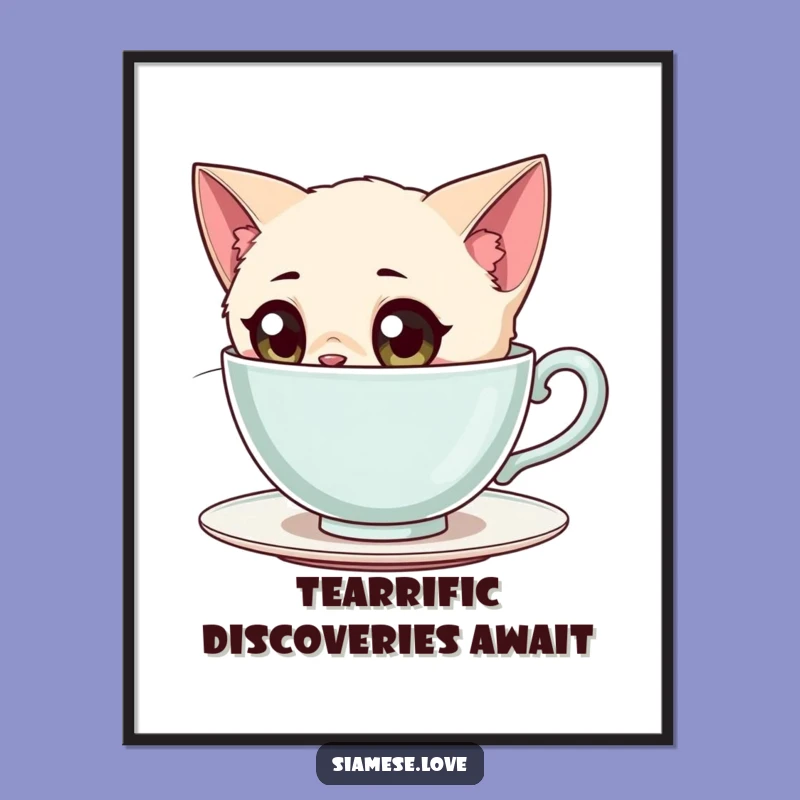 Free Printable Siamese Cat Wall Art: Curious Teacup Peek Feline Downloadable Art Gift