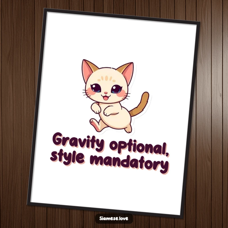 Funny Free Printable Wall Art: Siamese Cat mid-leap with pure delight, graceful and elegant, downloadable art.