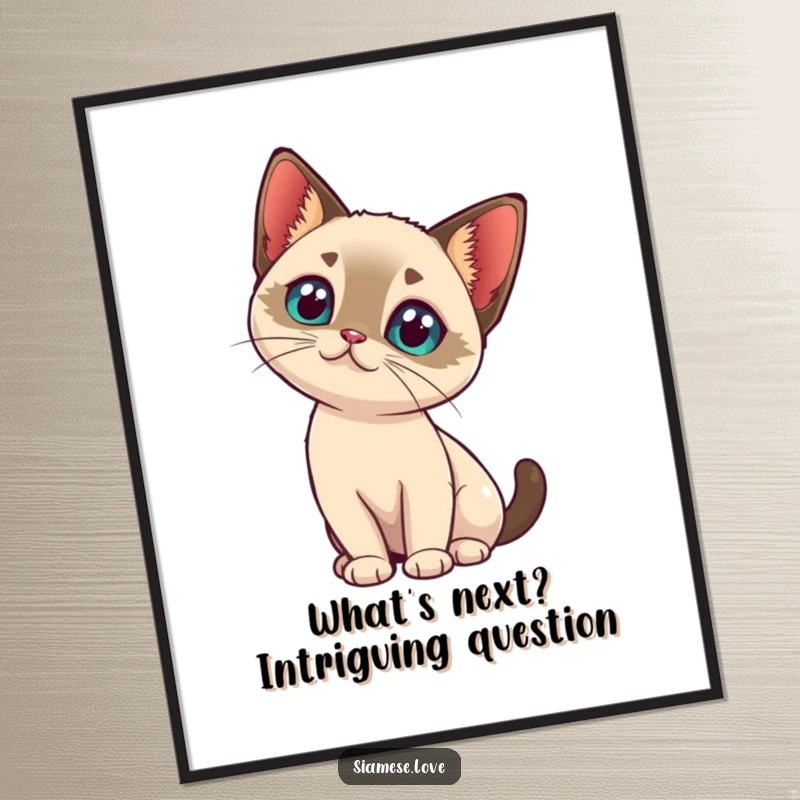 Cute Free Printable Wall Art: A kawaii Siamese cat tilting its head with intrigue, bringing a touch of curious charm and sweetness to your decor.