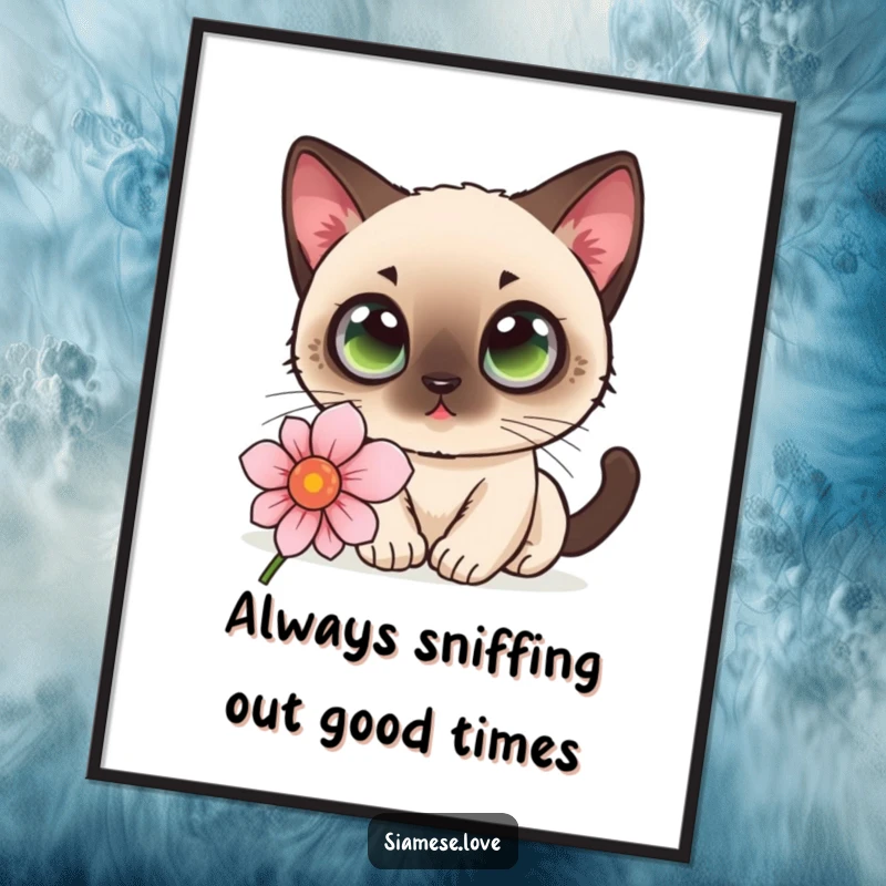 Cute Free Printable Wall Art: A kawaii Siamese cat with wide eyes curiously sniffing a flower, bringing gentle curiosity and charm to your decor.