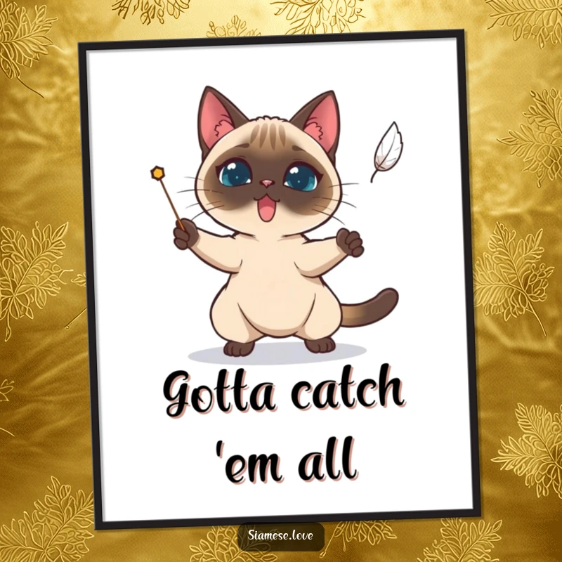 Funny Free Printable Wall Art: Determined Siamese cat intensely focused on catching a single falling feather.
