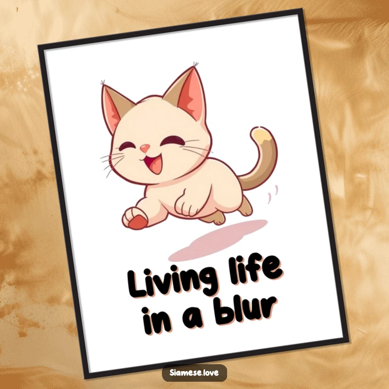 Funny Free Printable Wall Art of a Siamese cat depicted as a colorful, energetic blur chasing its tail.