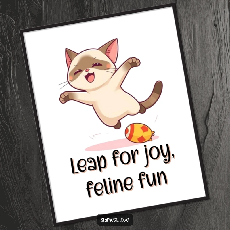 Funny Free Printable Wall Art showing a dynamic kawaii Siamese cat leaping gracefully towards a toy with energetic joy.