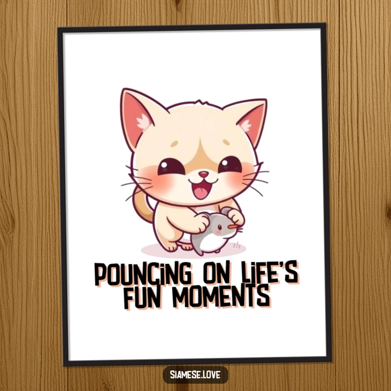 Funny Free Printable Wall Art: A kawaii Siamese cat gleefully pouncing on a tiny mouse toy, adding dynamic and playful energy to your space.
