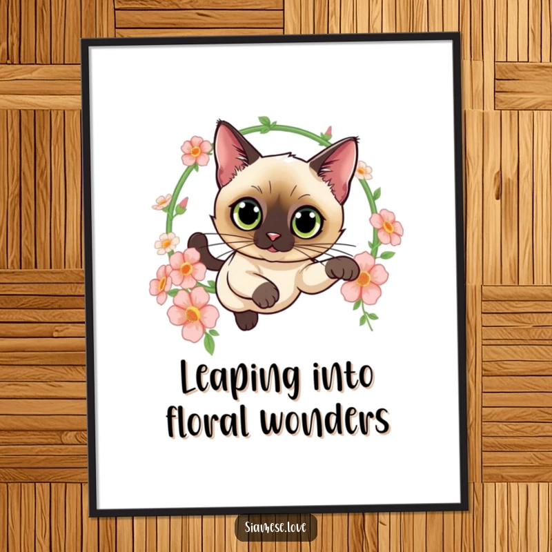 Funny Free Printable Wall Art: Siamese cat character with wide, curious eyes leaping elegantly through a hoop of fresh flowers.