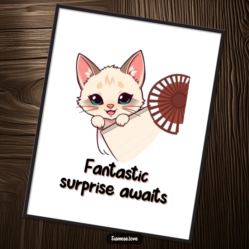 Funny Free Printable Wall Art: A mischievous Siamese cat is hiding behind a giant fan, peeking out with a wide, impish grin.