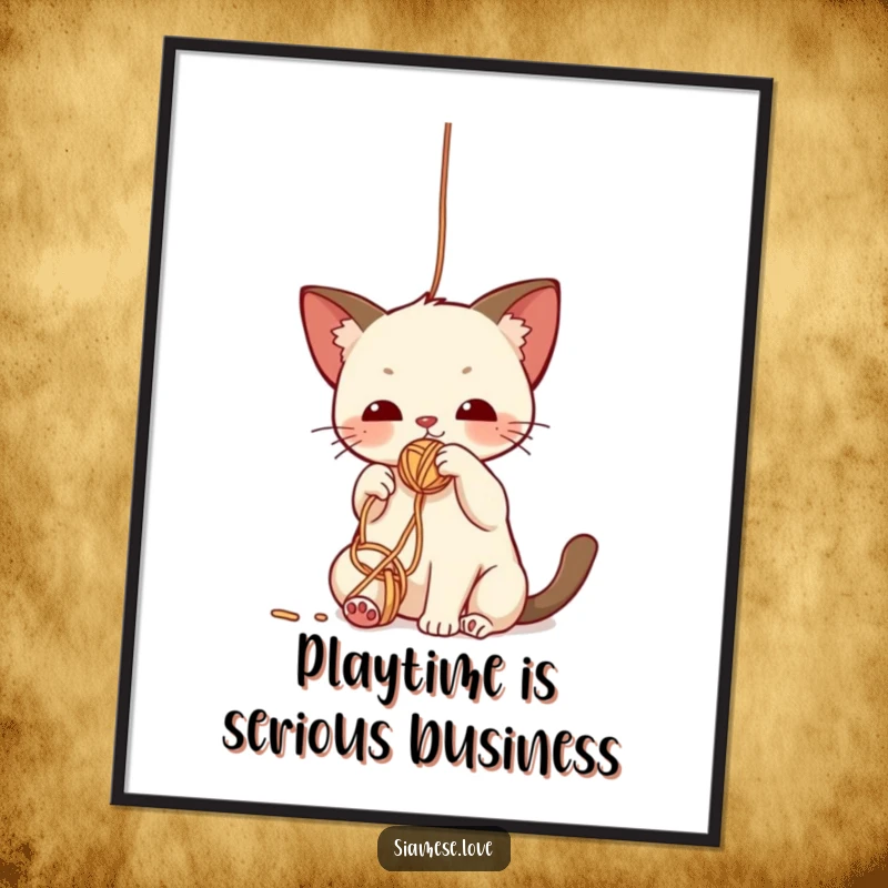 Free Printable Wall Art: Cute kawaii Siamese cat batting playfully with its paw at a dangling ball of colorful yarn.