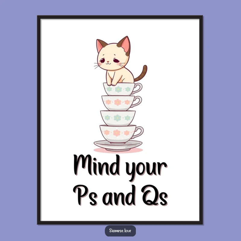 Funny Free Printable Wall Art: Siamese Cat Teacup Balancing Act, Quirky Downloadable Decor