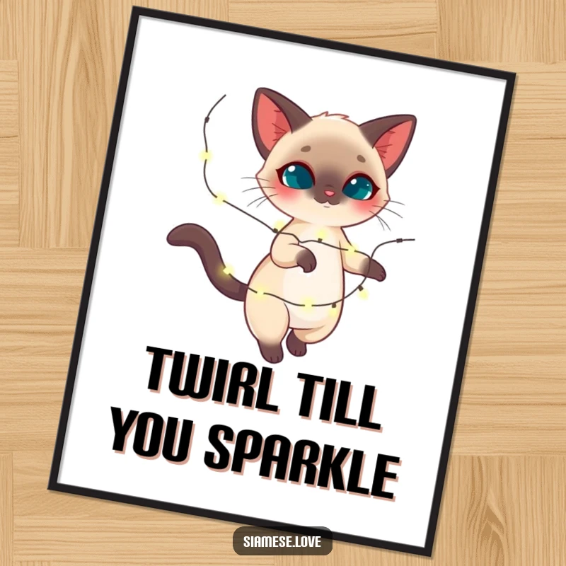 Funny Free Printable Wall Art: A graceful Siamese cat is captured mid-twirl, adorned with a luminous string of sparkling festive lights.