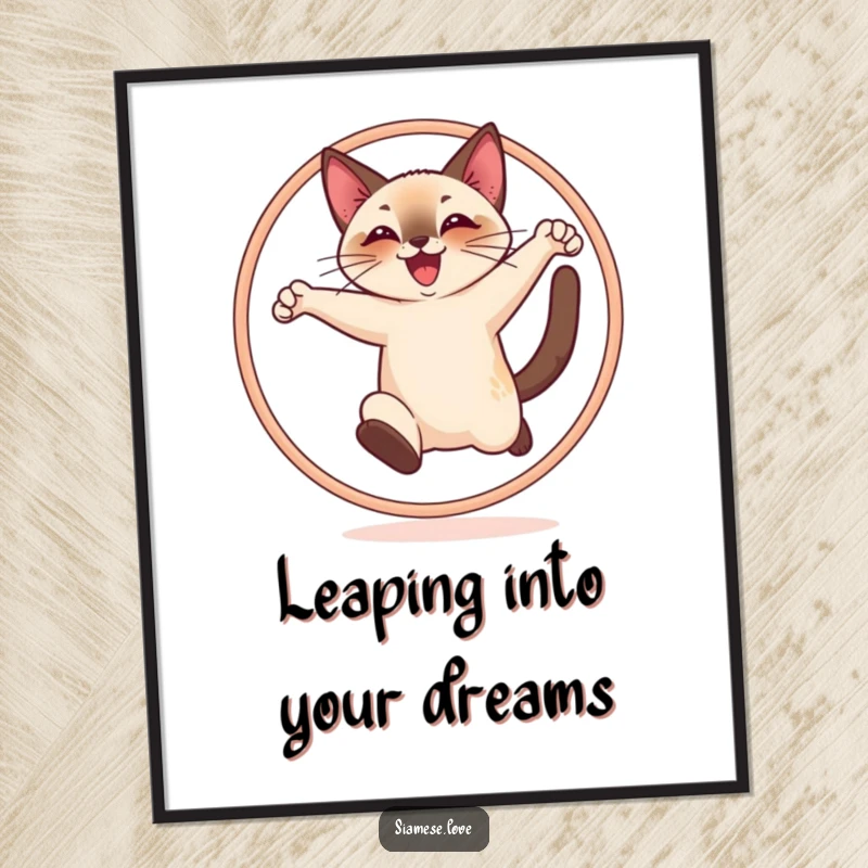 Funny Free Printable Siamese cat character joyfully leaping through a hoop, showcasing agility and happiness in art.