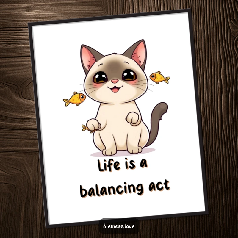 Funny Free Printable Wall Art: a Siamese cat with a huge grin, expertly juggling three small fish in mid-air.