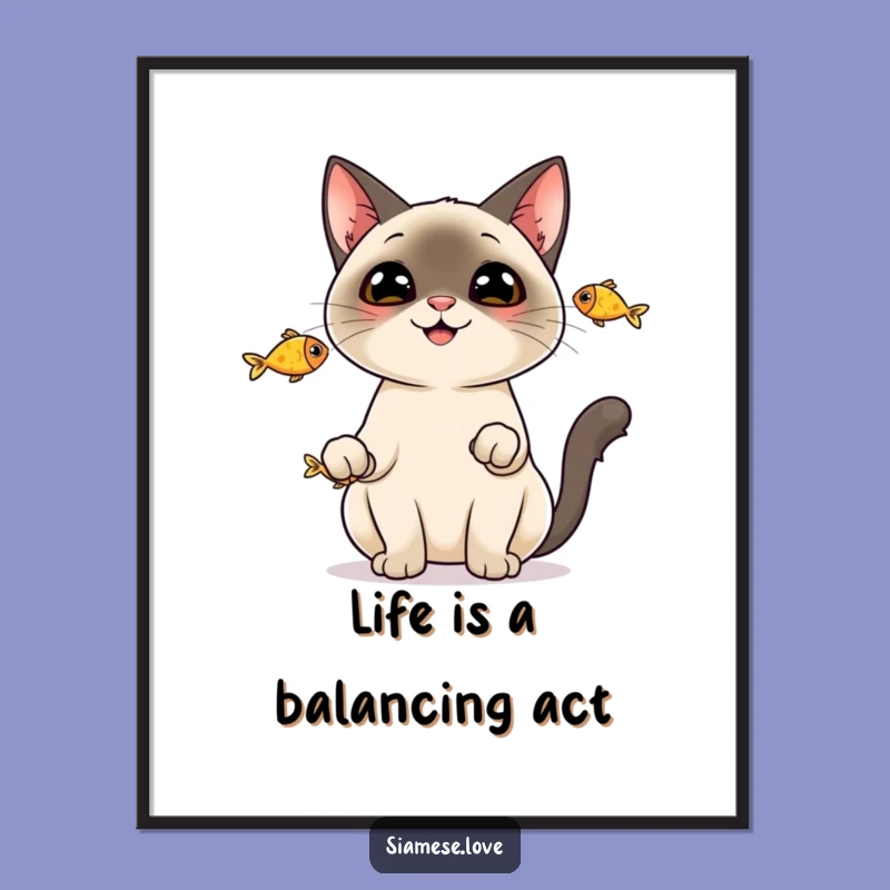 Free Printable Wall Art: Juggling Fish Siamese Cat Funny Downloadable Art Gift