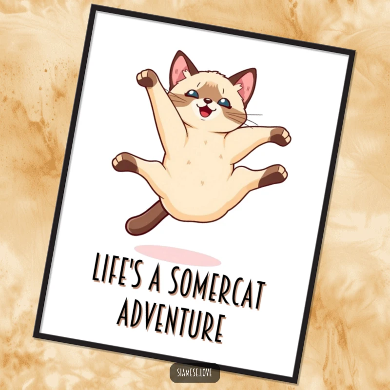 Free Printable Wall Art: A Kawaii Siamese cat performs an energetic somersault mid-air, bringing playful art to your room.