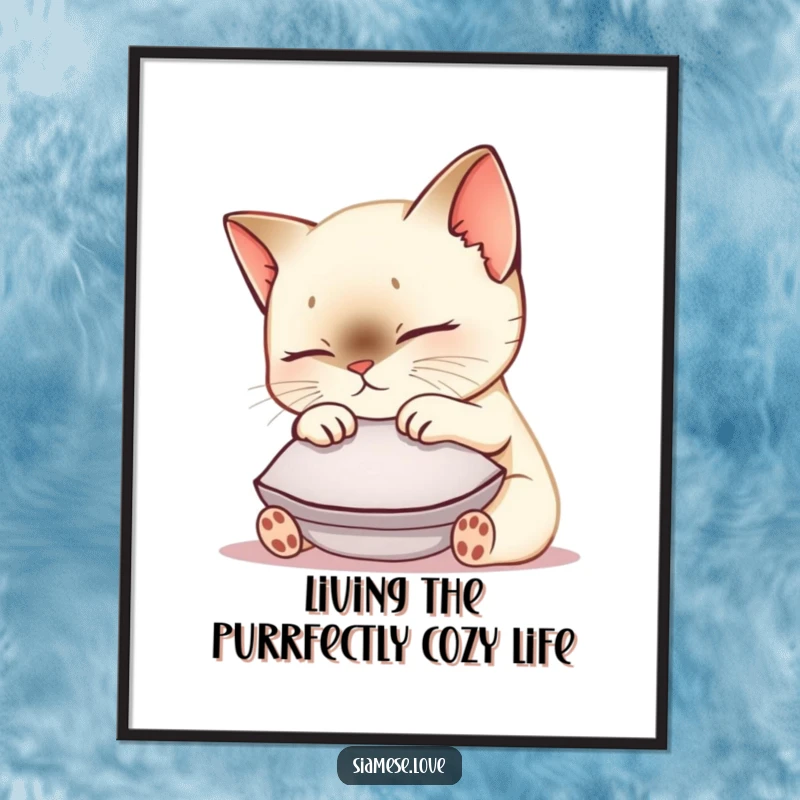 Funny Free Printable Wall Art of a kawaii Siamese cat nuzzling a cushion, radiating comfort and cuteness for any room.