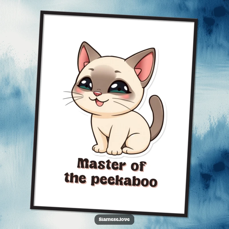 Funny Free Printable Wall Art: Siamese Cat with a mischievous grin hiding behind its tail, quirky decor, downloadable art.