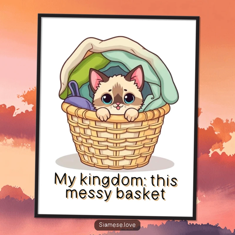 Funny Free Printable Wall Art: Mischievous Siamese cat peeking from an overflowing laundry basket, full of mischief.