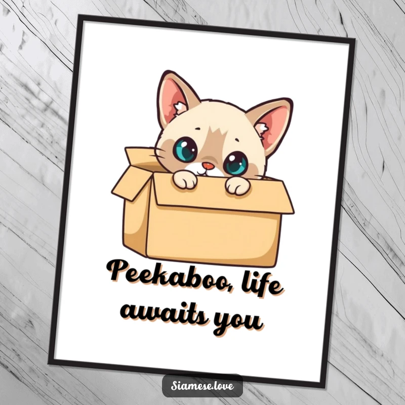 Funny Free Printable Wall Art: cute Siamese cat curiously peeking out from a brown cardboard box, its eyes full of wonder.