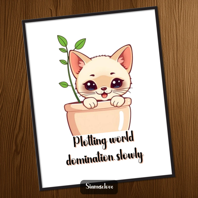 Funny Free Printable Wall Art: Kawaii Siamese cat with mischievous grin peeking from behind a planter, a playful and humorous piece.