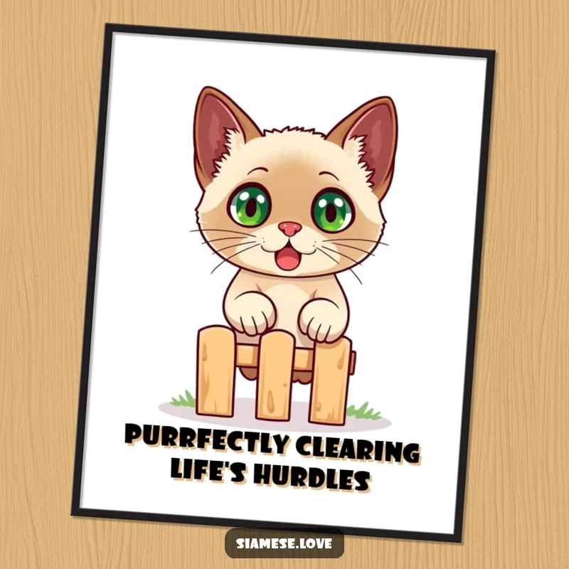 Funny Free Printable Wall Art: A Siamese cat with wide eyes, hilariously jumping over a small fence, capturing surprise.
