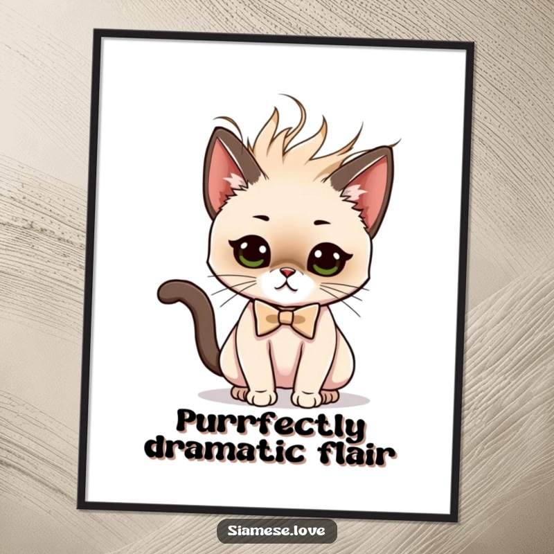 Funny Free Printable Wall Art: Siamese cat in a bow tie doing a dramatic hair flip, stylish downloadable decor.