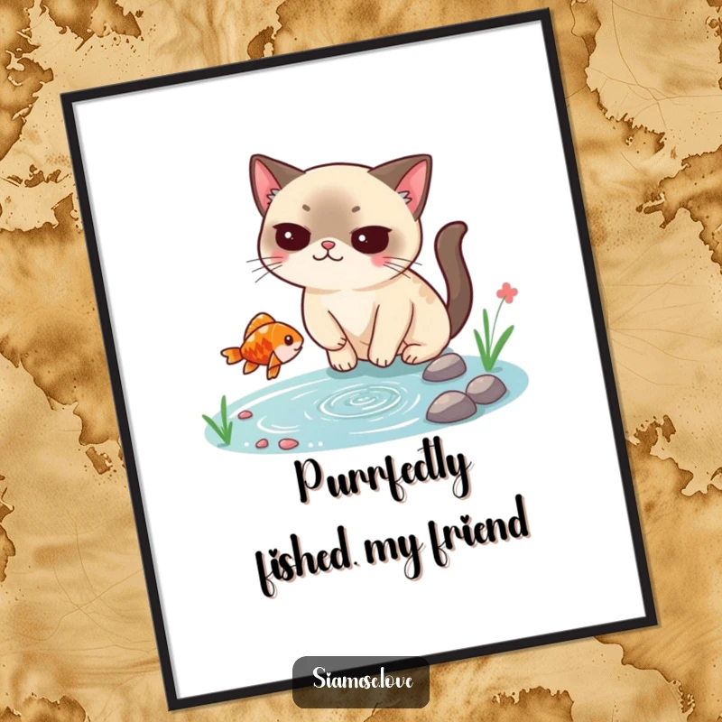 Funny Free Printable Wall Art: Smug Siamese cat with a fish, exuding feline confidence and humor.