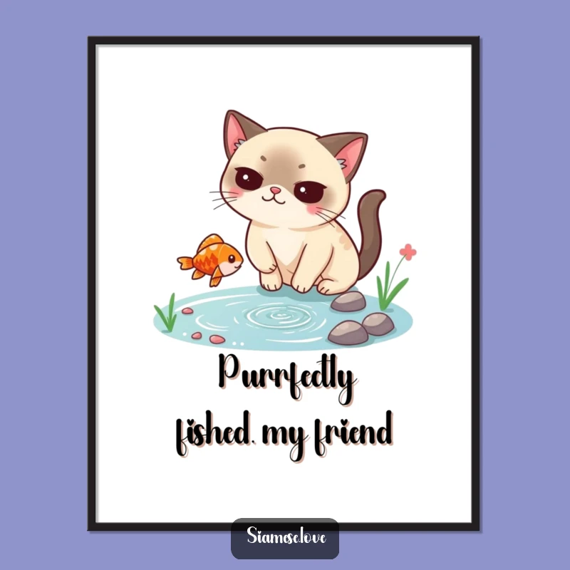 Free Printable Funny Siamese Cat Art - Smug Fish Catcher Wall Decor Downloadable