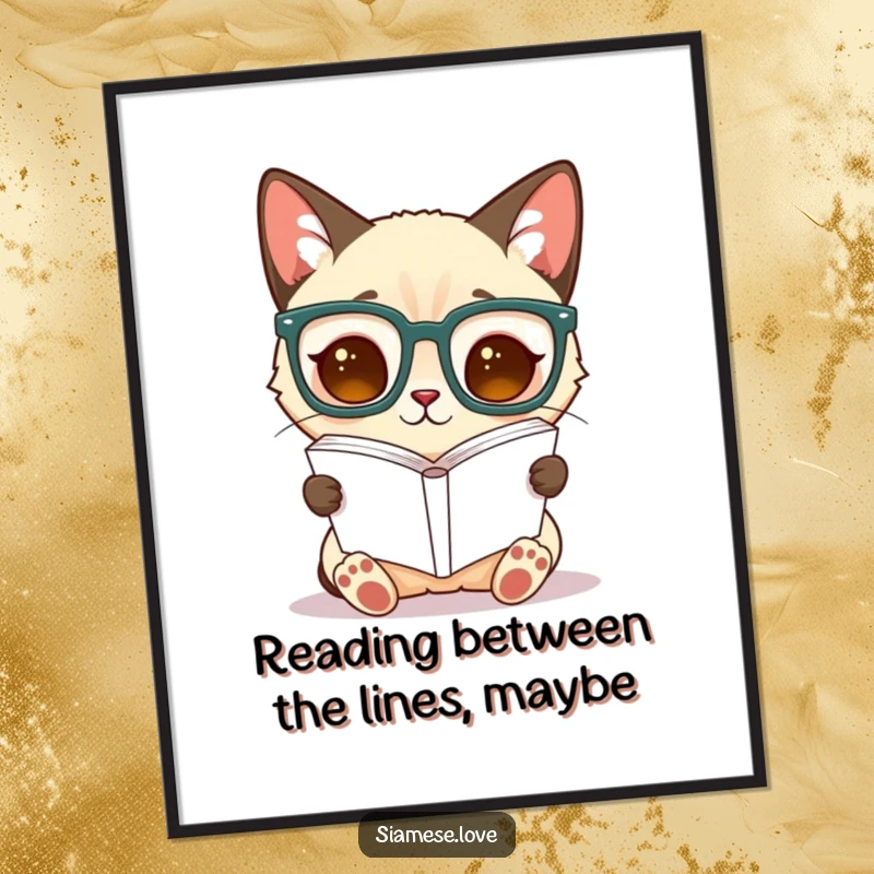 Funny Free Printable Wall Art: Siamese cat in oversized glasses, hilariously reading a book upside down, adding quirky charm.