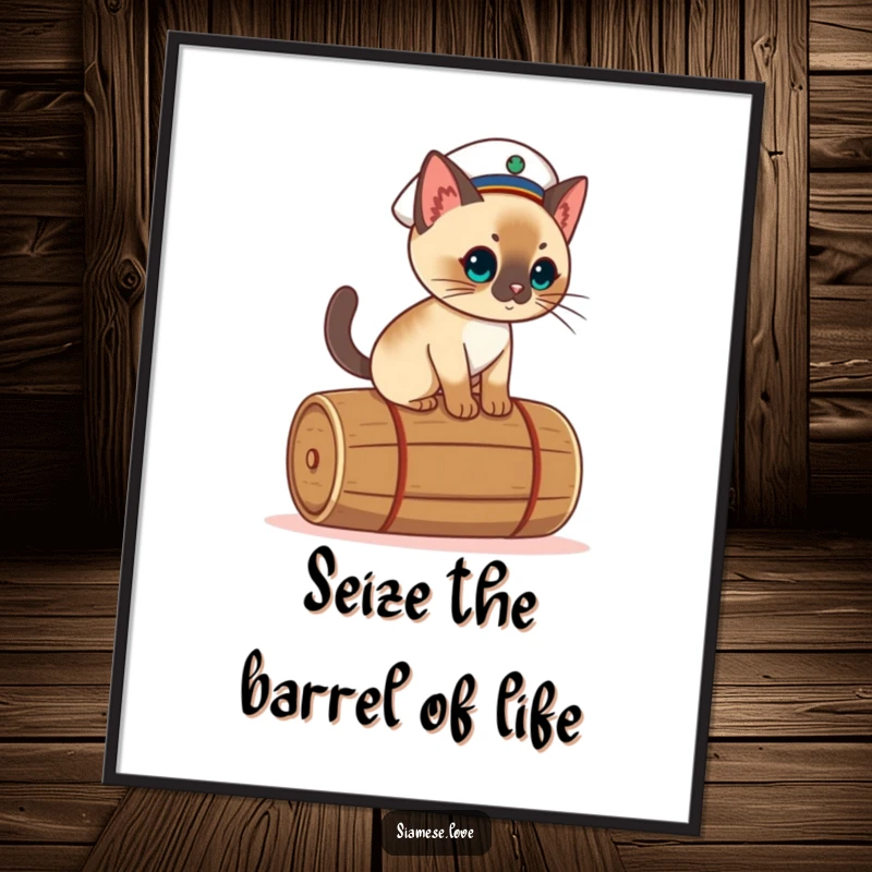 Funny Free Printable Wall Art: Cute Siamese cat in a sailor hat, skillfully balancing on a moving barrel with a determined look.