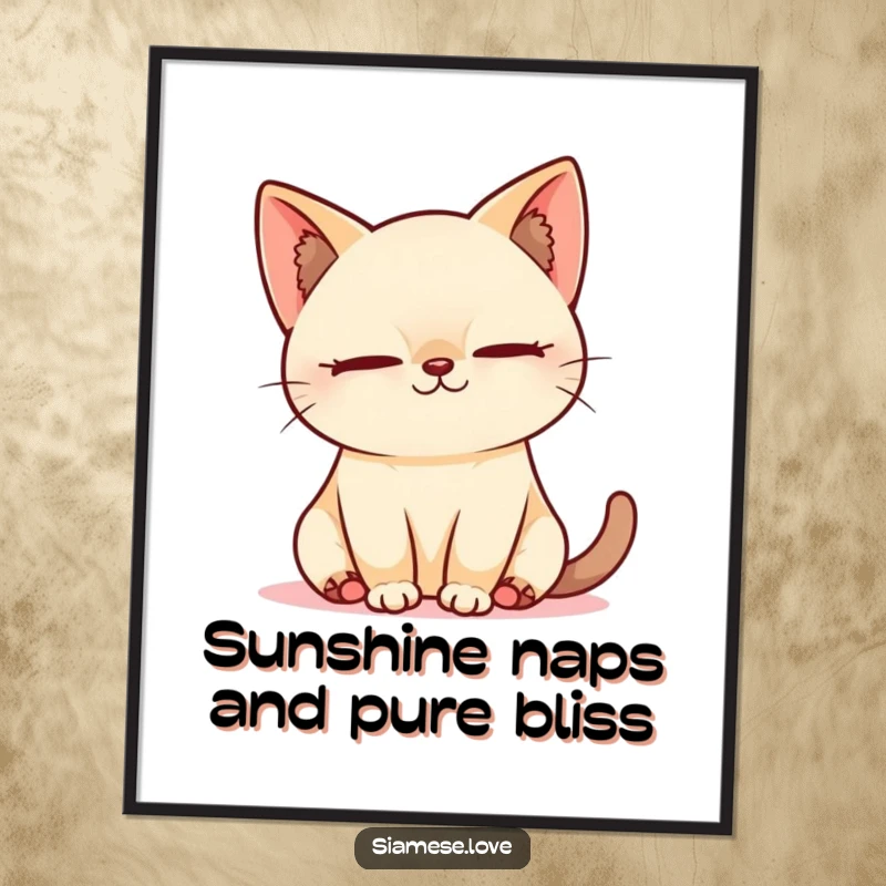 Free Printable Wall Art: A smiling Kawaii Siamese cat enjoys a peaceful nap in a warm sunbeam, bringing zen.
