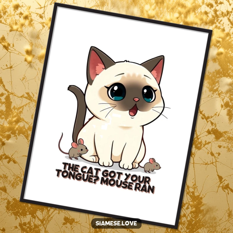 Funny Free Printable Wall Art: A Kawaii Siamese cat with a hilariously shocked expression, a mouse runs away quickly.