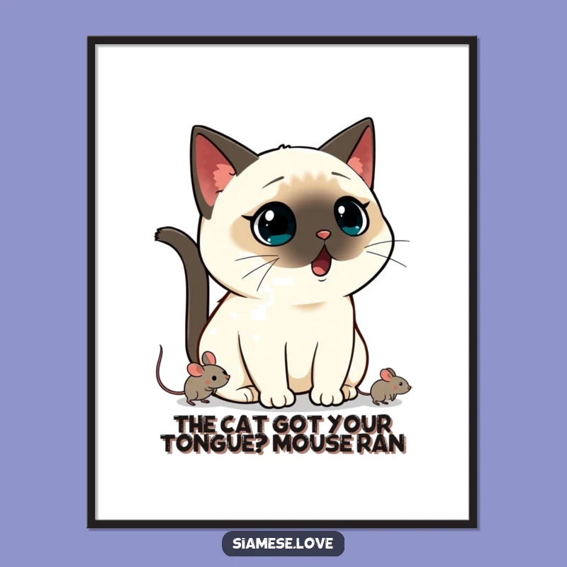 Funny Free Printable Wall Art: Shocked Kawaii Siamese Cat Surprised by Mouse Downloadable Art