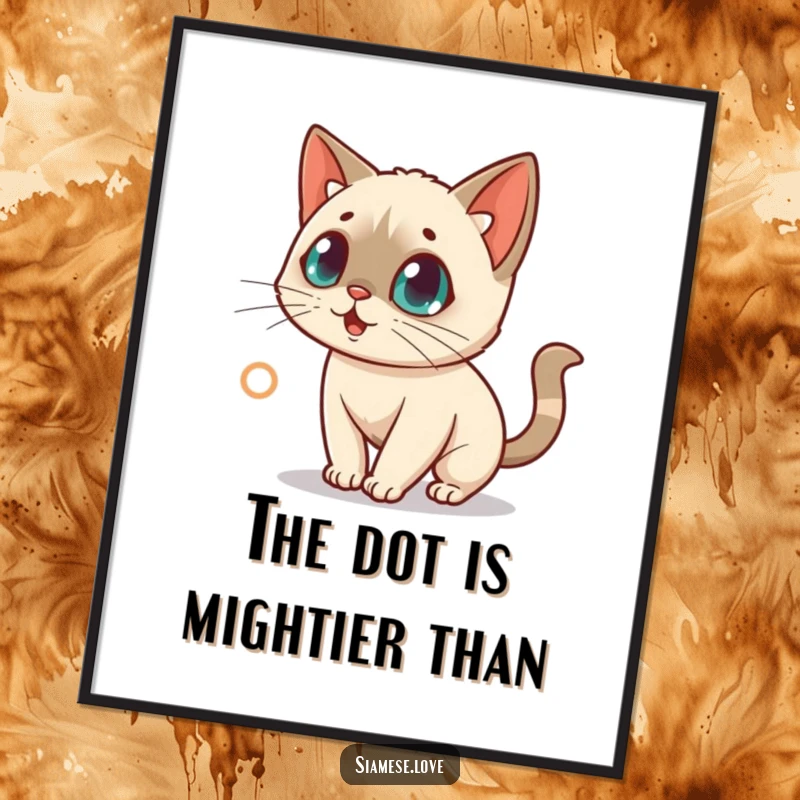 Free Printable Wall Art: Cute kawaii Siamese cat with a shocked expression, intensely chasing a small red laser dot.
