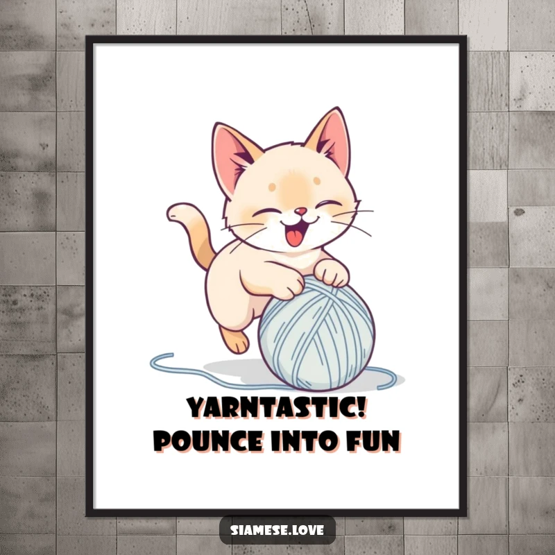 Funny Free Printable Wall Art: Stylized Siamese cat playfully pouncing on a yarn ball, looking absolutely delighted and full of energy.