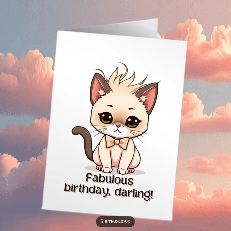 Funny Free Printable Birthday Card: Siamese cat in a bow tie does a dramatic hair flip, sassy downloadable fun.