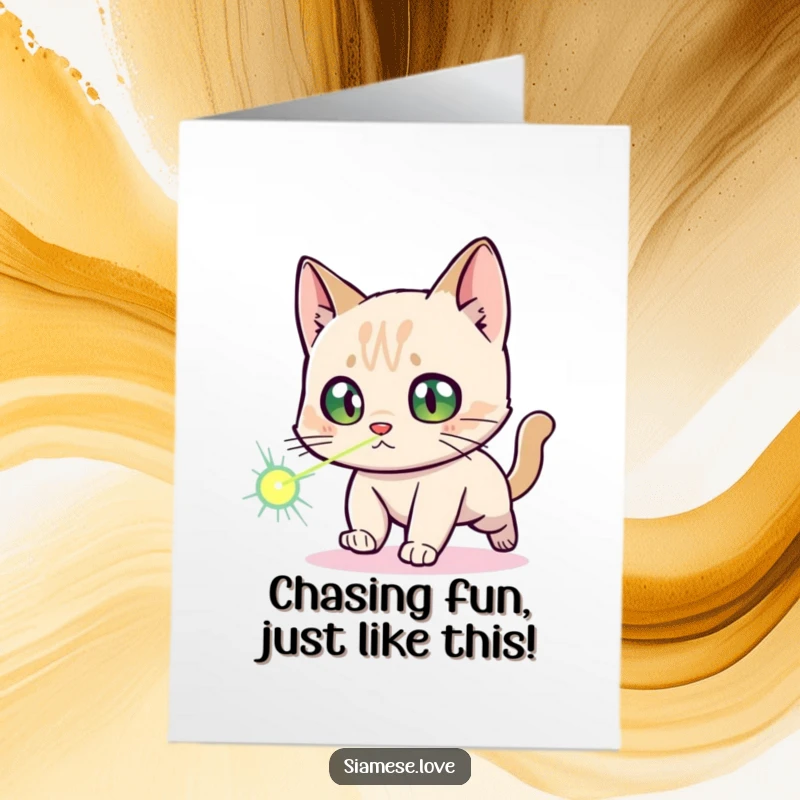 Funny Free Printable Birthday Card: Startled Siamese cat chasing a red laser dot with wide, surprised eyes, perfect gift.