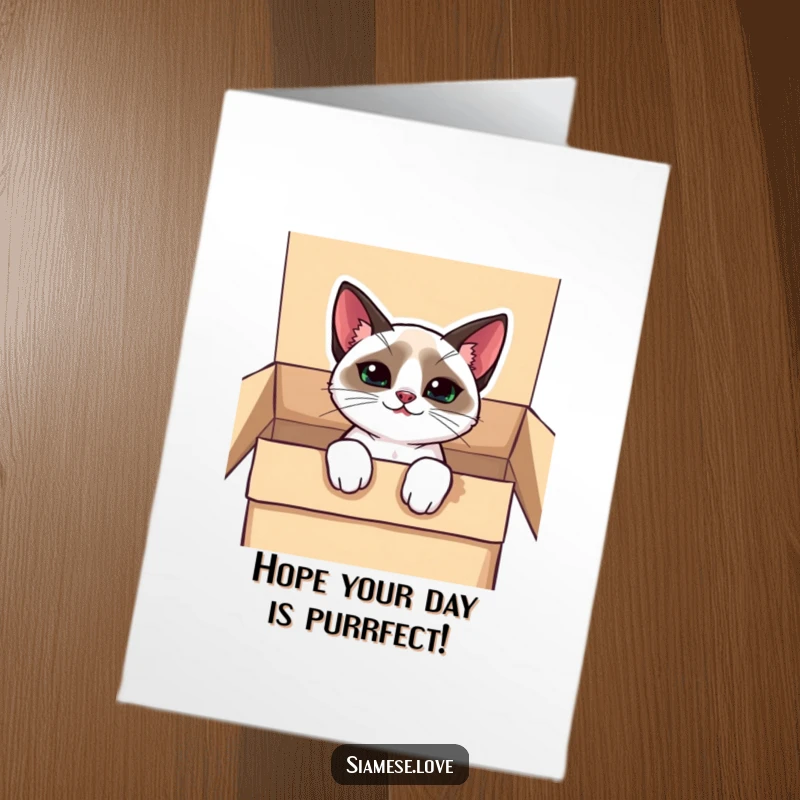 Funny Free Printable Birthday Card with a cute kawaii Siamese cat with a mischievous grin peeking from a mysterious box.