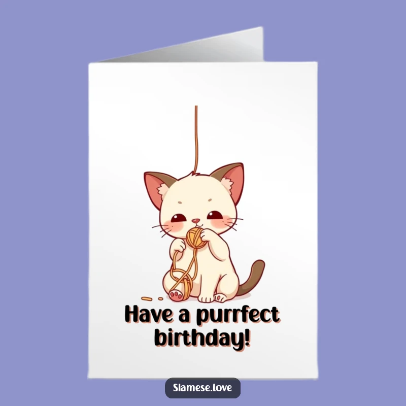 Free Printable Birthday Card: Playful Cat & Yarn - Funny Kawaii Downloadable Gift!