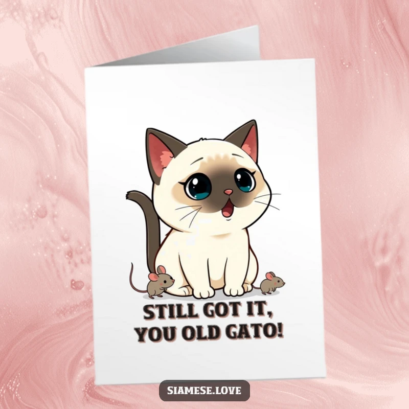 Funny Free Printable Birthday Card: Kawaii Siamese cat shocked by a fleeing mouse, perfect for a humorous celebration.