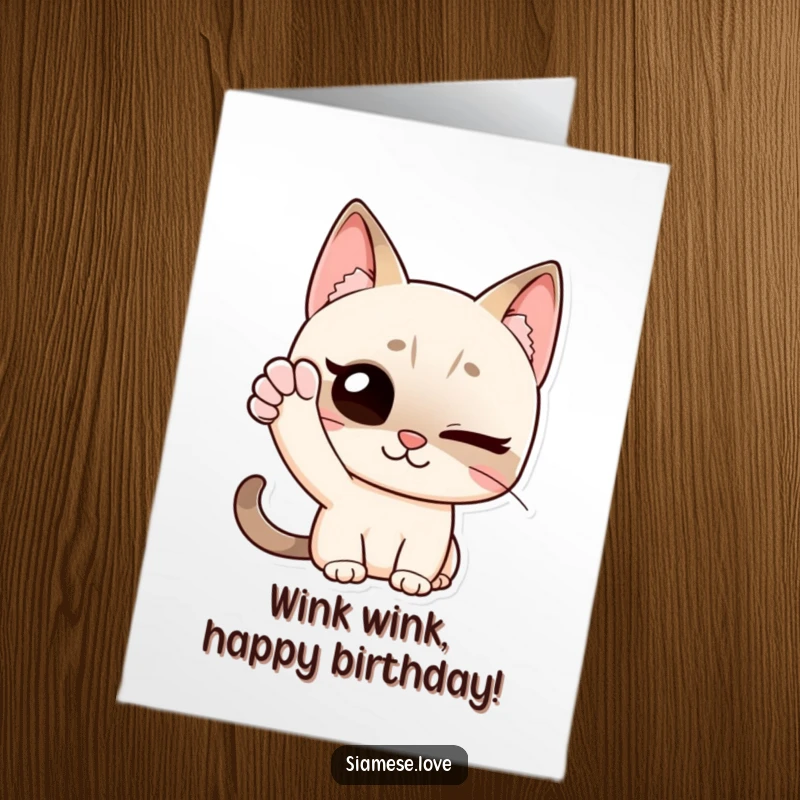 Funny Free Printable Birthday Card: a Siamese cat winks with one paw raised in a friendly, playful wave.