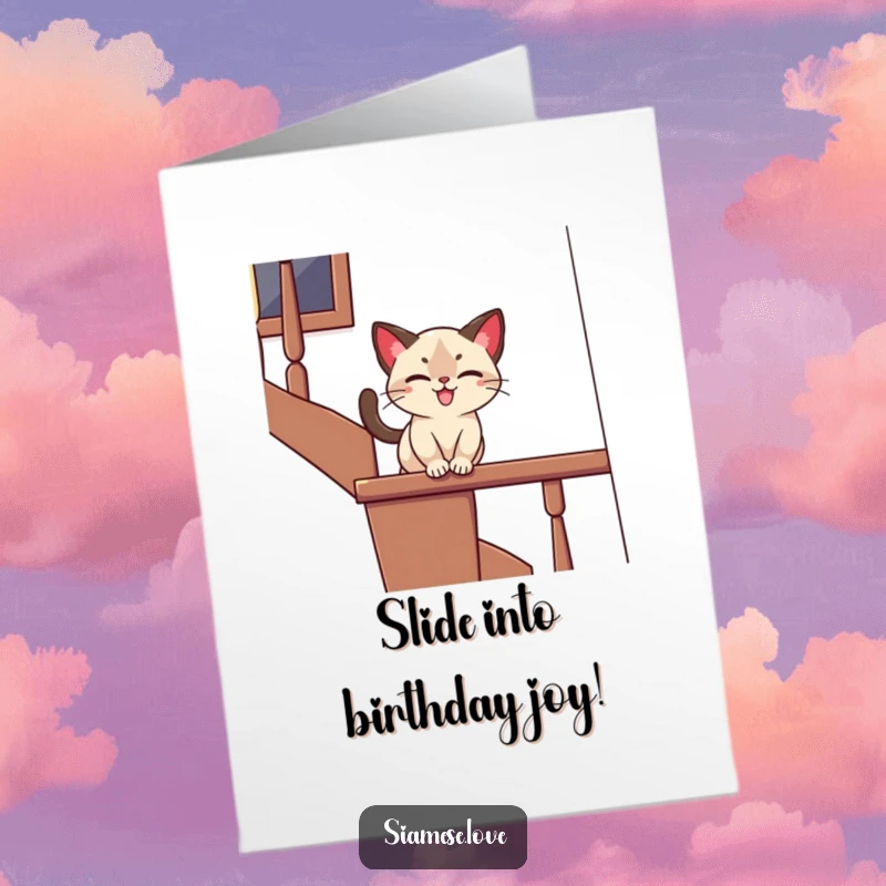 Funny Free Printable Birthday Card: Stylized Siamese cat sliding down a banister with a gleeful, playful expression.