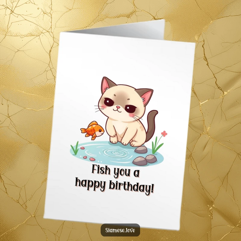 Funny Free Printable Birthday Card: Smug Siamese cat snagging a fish mid-air, looking pleased with its catch.