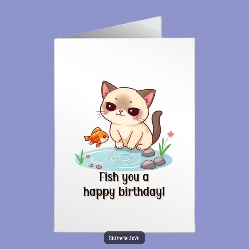 Free Printable Funny Siamese Cat Birthday Card - Smug Fish Catcher Downloadable Gift