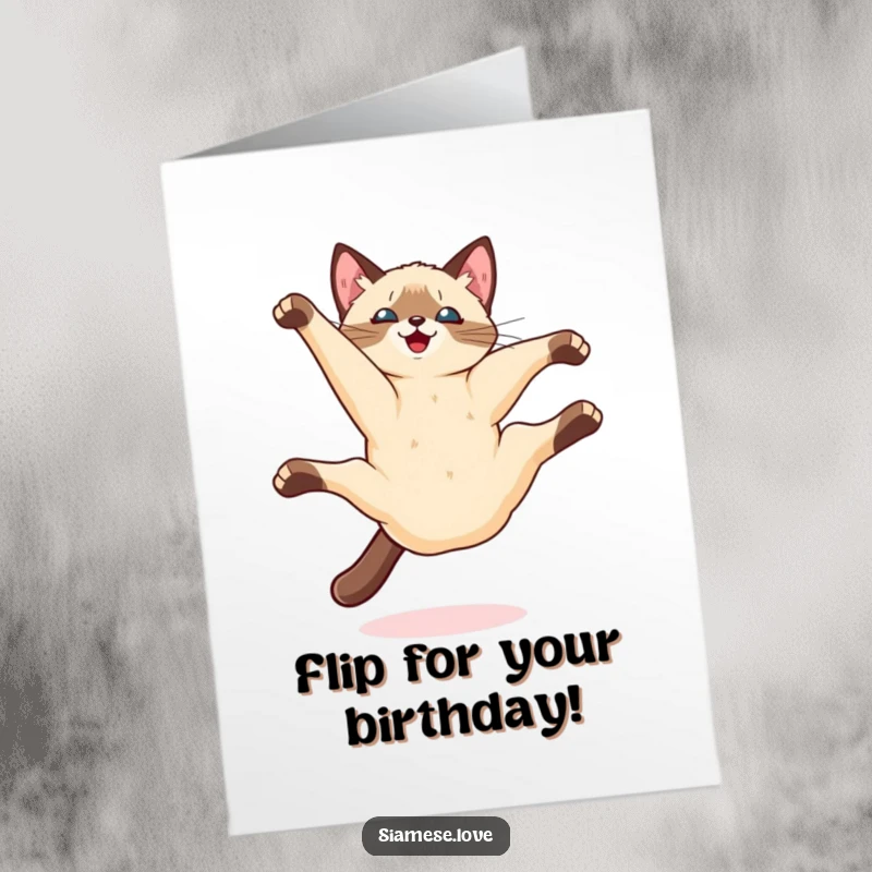 Free Printable Birthday Card: A Kawaii Siamese cat performs a playful somersault in mid-air with joyful abandon.