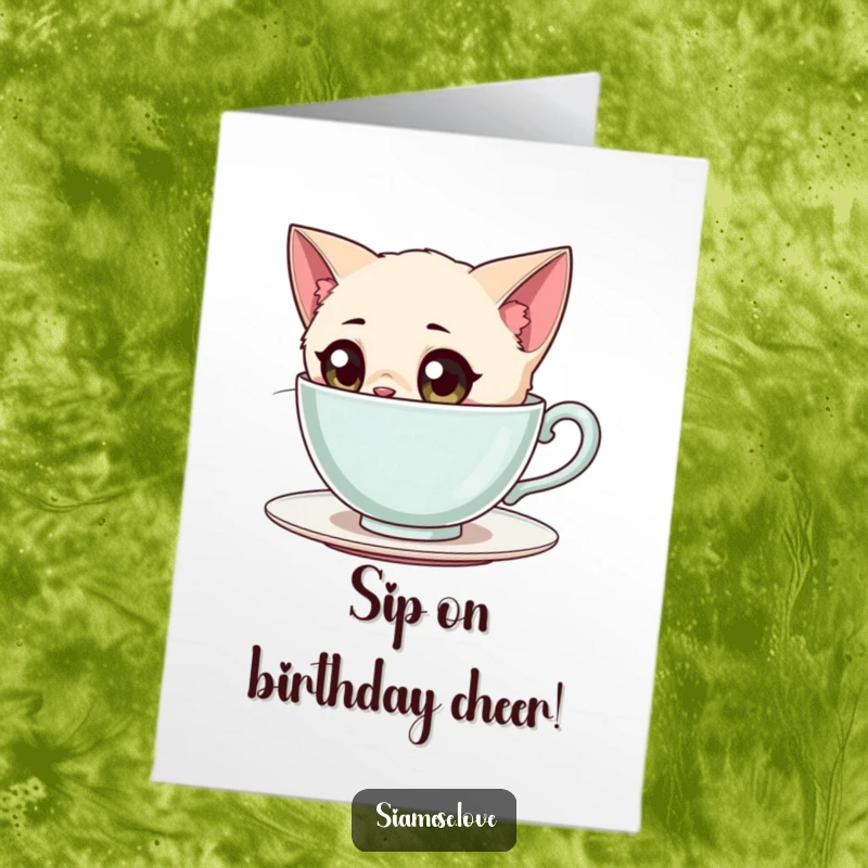 Funny Free Printable Birthday Card: Siamese Cat with wide eyes curiously peering into a giant teacup, playful, printable.
