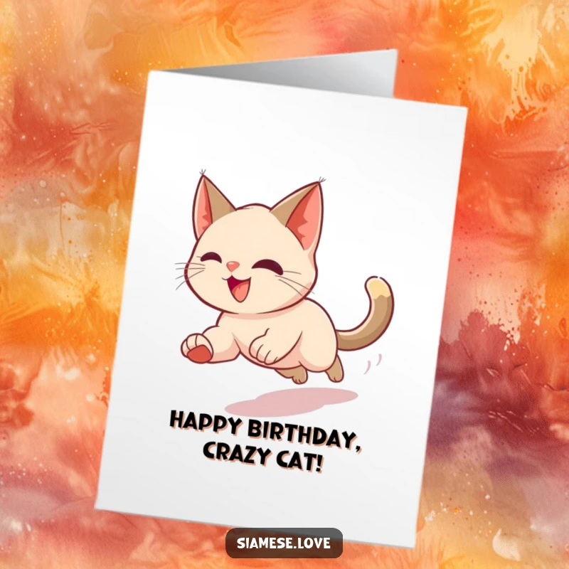 Funny Free Printable Birthday Card depicting a Siamese cat in a colorful blur, joyfully chasing its tail.