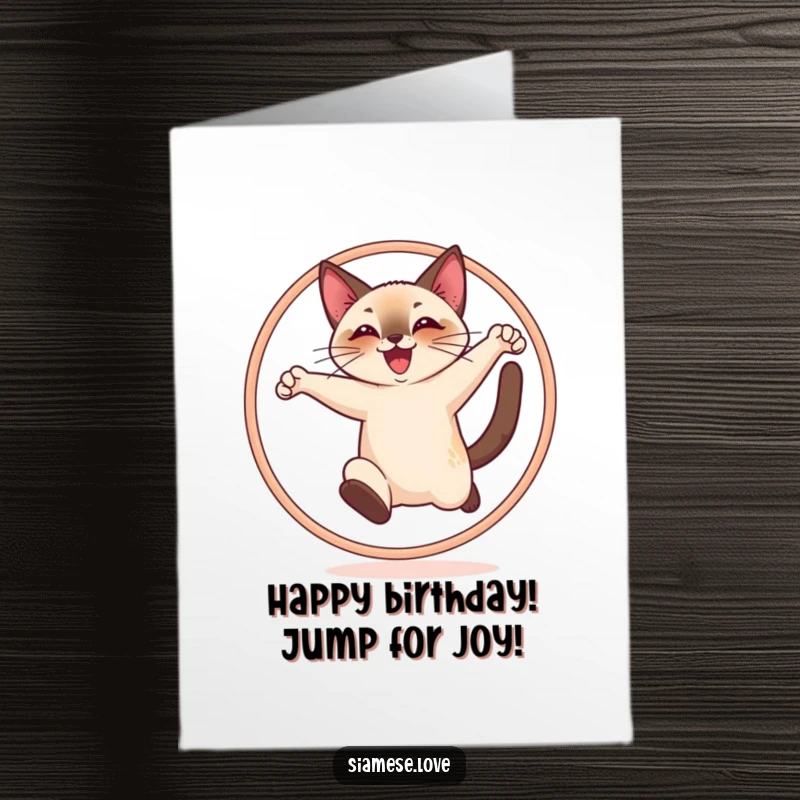 Funny Free Printable Siamese cat character joyfully leaping through a hoop, celebrating a birthday with flair.