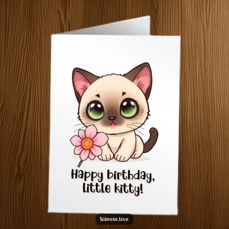 Cute Free Printable Birthday Card: A kawaii Siamese cat with wide eyes curiously sniffing a flower, embodying sweet birthday wonder.