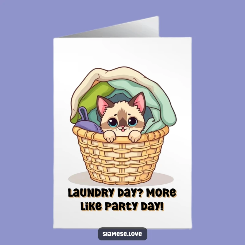 Free Printable Birthday Card: Mischievous Siamese Cat Laundry Chaos Funny Downloadable Gift