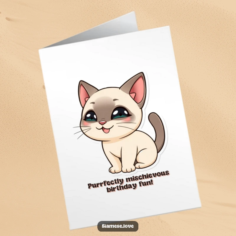 Funny Free Printable Birthday Card: Siamese Cat with a mischievous grin hiding behind its tail, playful peek-a-boo.