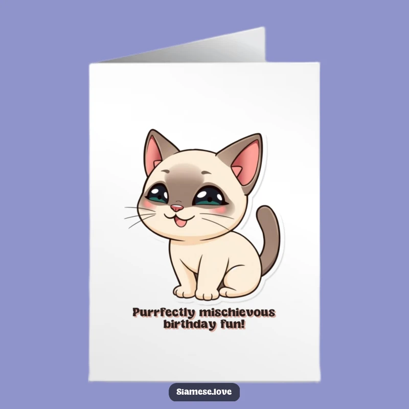 Free Printable Siamese Cat Birthday Card: Mischievous Tail Hiding Feline Downloadable Gift